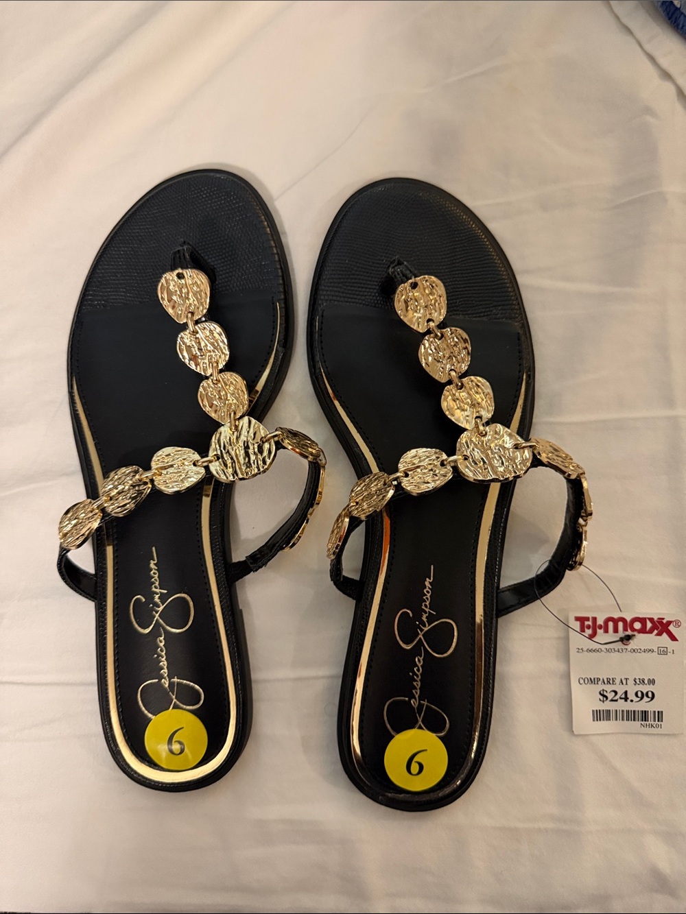 Jessica Simpson Black Sandals with Gold Disc Accents